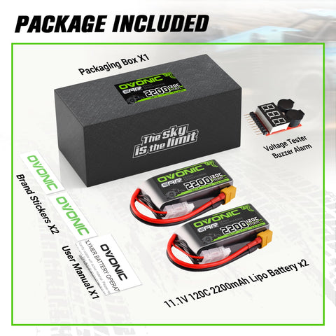 2 Pack Ovonic 2200mAh 11.1V 120C 3S Shorty LiPo Battery Pack with XT60 Plug for FPV Drones, RC Airplanes, and Compact Vehicles