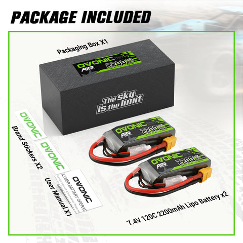 2Pack Ovonic 7.4V 120C 2S 2200mAh LiPo Battery Pack with XT60 Plug for Mini RC Cars, Trucks, and Small Scale Models