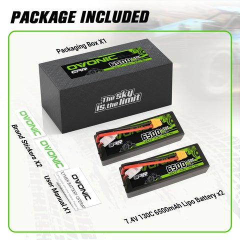 OVONIC 6500 mAh 7,4 V 130 C 2S Hardcase LiPo-Akku mit XT60-zu-TRA-Stecker für RC-Autos im Maßstab 1/10, LKW, RC-Fahrzeuge
