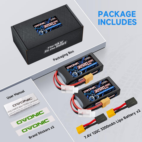 2 Pack Ovonic 3200mAh 7.4V 120C 2S LiPo Battery Pack with XT60-TRA Multi-Plug Connector for Traxxas and Standard RC Vehicles