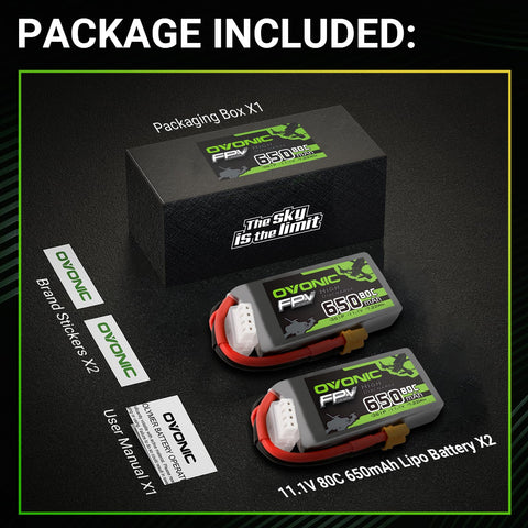 2 Pack Ovonic 650mAh 11.1V 80C 3S LiPo Battery Pack with XT30 Plug for Micro FPV Drones, Toothpick Quads, and Small RC Aircraft