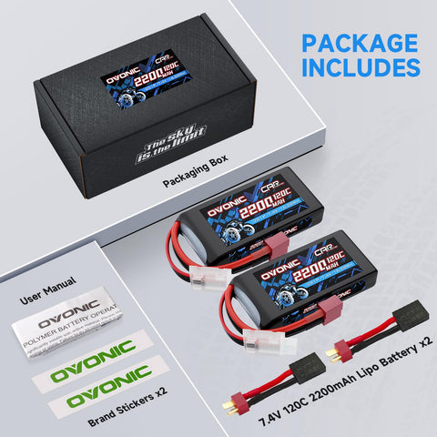 2Pack Ovonic 7.4V 120C 2S 2200mAh LiPo Battery Pack with T-TRA Plug for Traxxas 1/16 Scale Vehicles and Mini RC Models