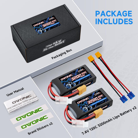 2 Pack Ovonic 3200mAh 7.4V 120C 2S LiPo Battery Pack with XT60-EC3 Multi-Plug Connector for RC Cars, Trucks, and Boats