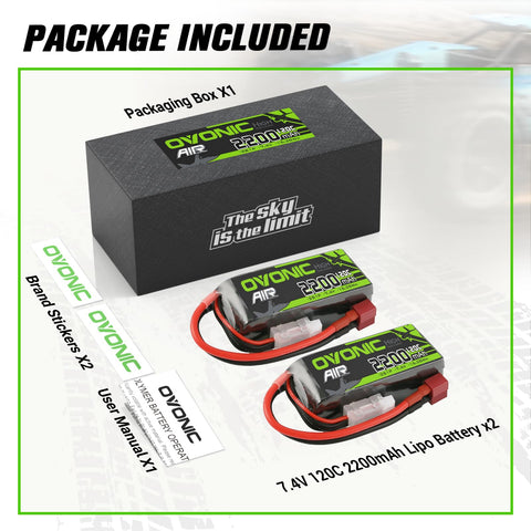 2Pack Ovonic 7.4V 120C 2S 2200mAh LiPo Battery Pack with Deans-T Plug for Traxxas 1/16 Scale Vehicles and Mini RC Models