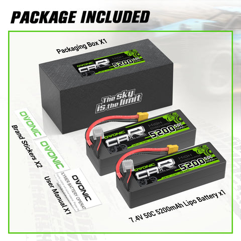 2 Pack Ovonic 5200mAh 7.4V 50C 2S Hardcase LiPo Battery Pack with XT60 Plug for 1/10 Scale RC Cars and Trucks