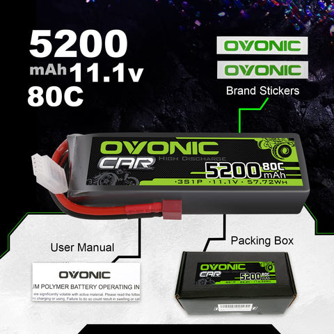 Ovonic 5200mAh 11.1V 80C 3S Softcase LiPo Battery Pack with Deans T Connector for 1/10 Scale RC Cars, Trucks, and Airplanes