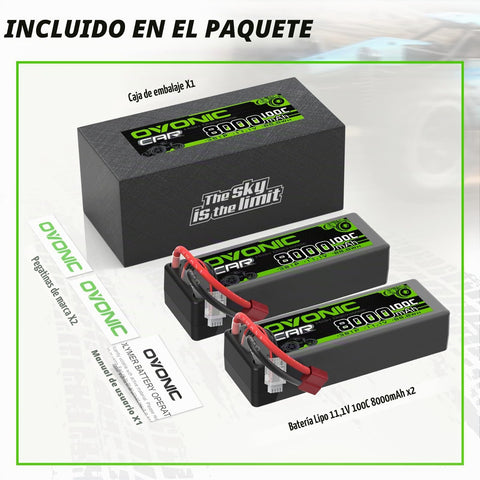 2-Pack OVONIC 11.1V 8000mAh 100C 3S Hardcase LiPo Battery Pack with Deans (T) Plug for 1/10 Scale RC Cars, Monster Trucks & Bashers