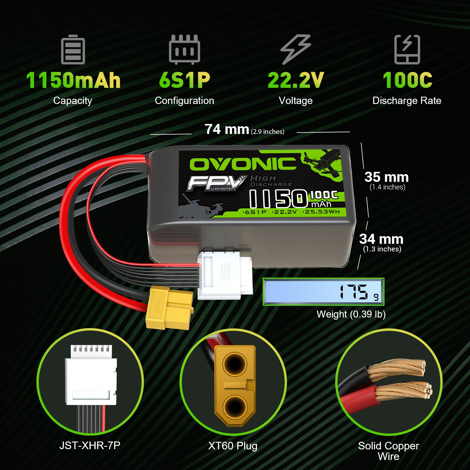 Ovonic 100C 6S 1150mAh 22.2V LiPo Battery for FPV - XT60 Plug