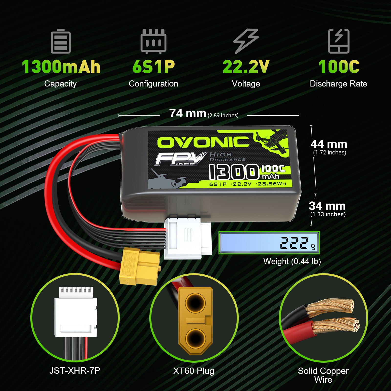 OVONIC 22.2V 100C 6S 1300mAh LiPo Battery Pack with XT60 Plug for Freestyle