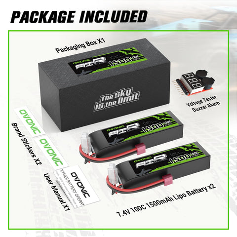 OVONIC 7.4V Lipo Battery 100C 1500mAh 2S with Dean Plug & Lipo Voltage Checker