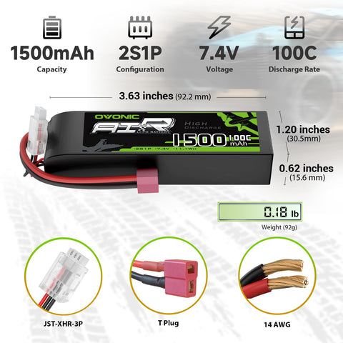 OVONIC 7.4V Lipo Battery 100C 1500mAh 2S with Dean Plug & Lipo Voltage Checker