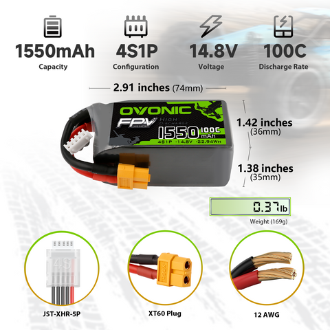 4x Ovonic 4S Lipo Battery 1550mah 4S1P 100C 14.8V Lipo Battery Pack with XT60 Plug for 5inch FPV Racing Freestyle Cinewhoop Toothpick Long Range Drone