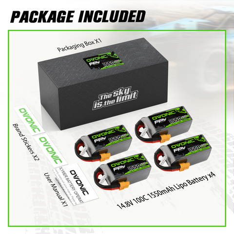 4x Ovonic 4S Lipo Battery 1550mah 4S1P 100C 14.8V Lipo Battery Pack with XT60 Plug for 5inch FPV Racing Freestyle Cinewhoop Toothpick Long Range Drone