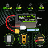 OVONIC 14.8V 1550mAh 4S 100C LiPo Battery Pack with XT60 Plug for FPV