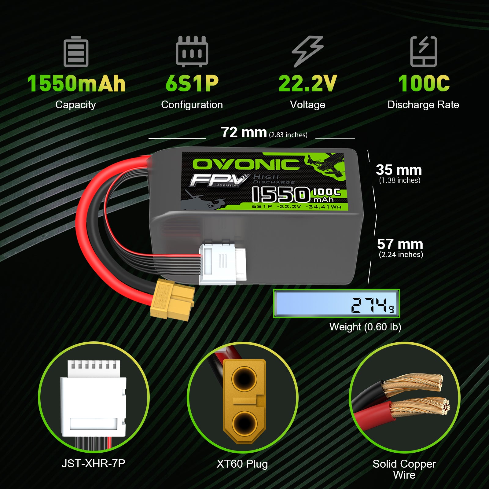 [4packs] Ovonic 22.2V 1550mAh 6S 100C LiPo Battery Pack with XT60 Plug - Ampow