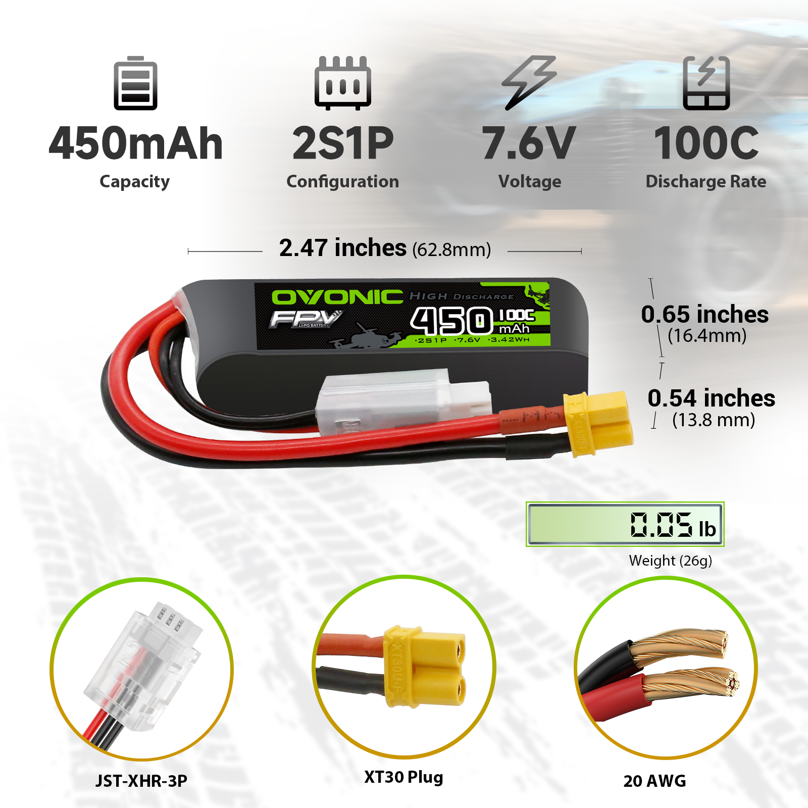 OVONIC 7.6V 100C 450mAh 2S Lipo Battery Long Size with XT30 Plug