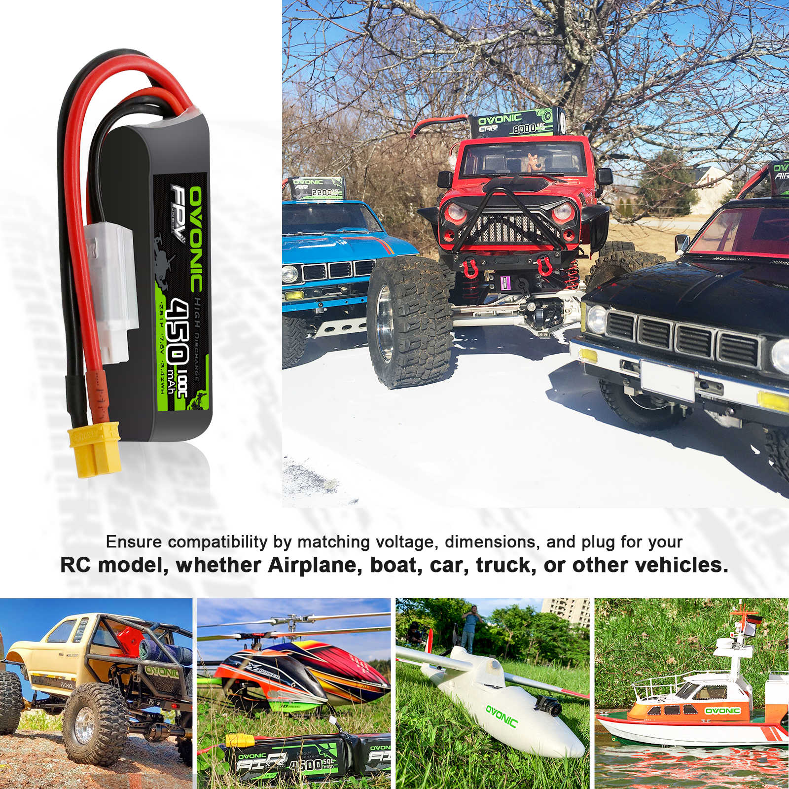 OVONIC 7.6V 100C 450mAh 2S Lipo Battery Long Size with XT30 Plug