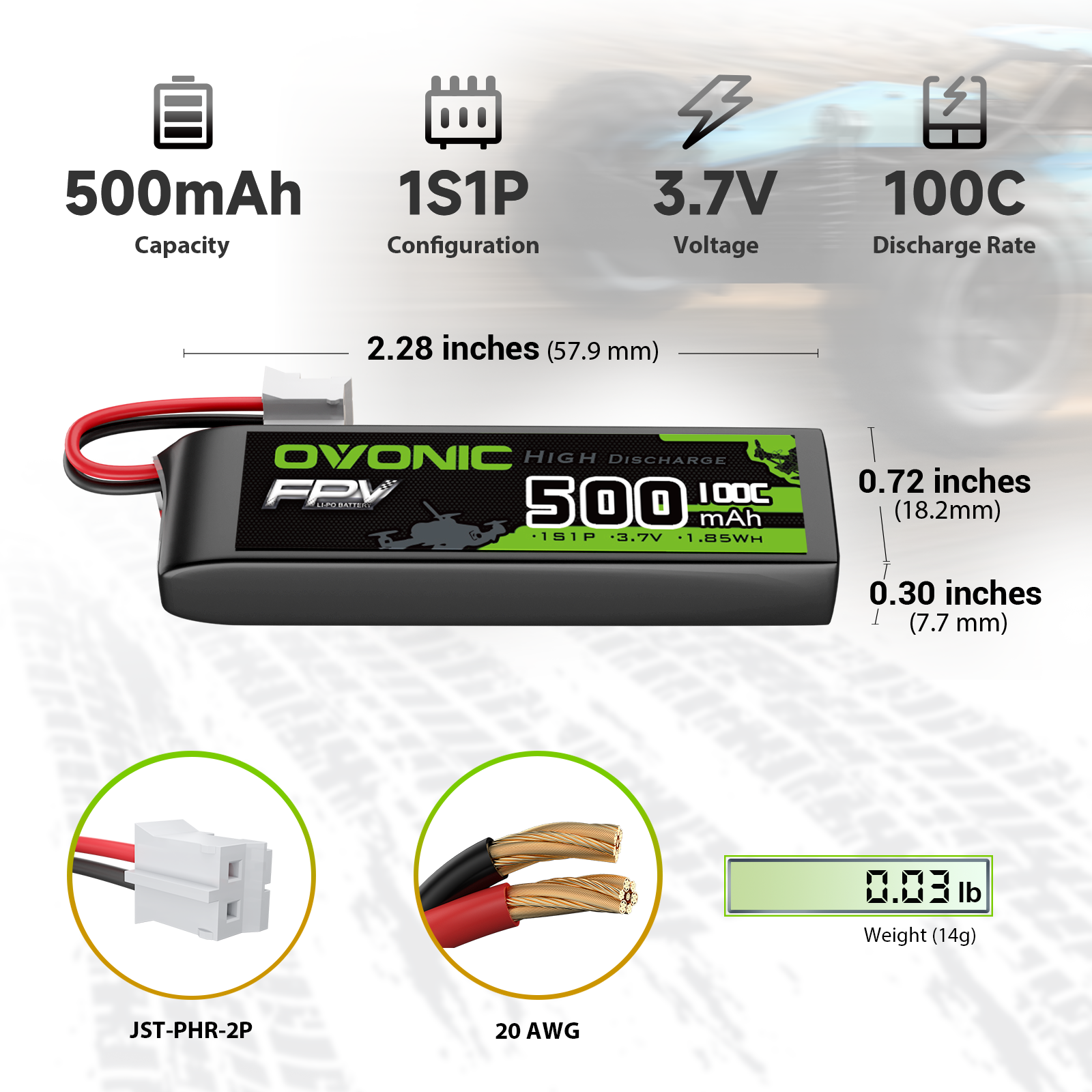 2 x OVONIC 3.7V 100C 500mAh 1S Lipo Battery Long Size with JST Plug