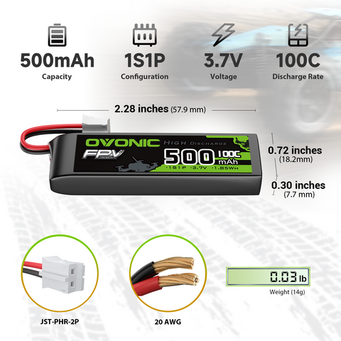 2 x OVONIC 3.7V 100C 500mAh 1S Lipo Battery Long Size with JST Plug