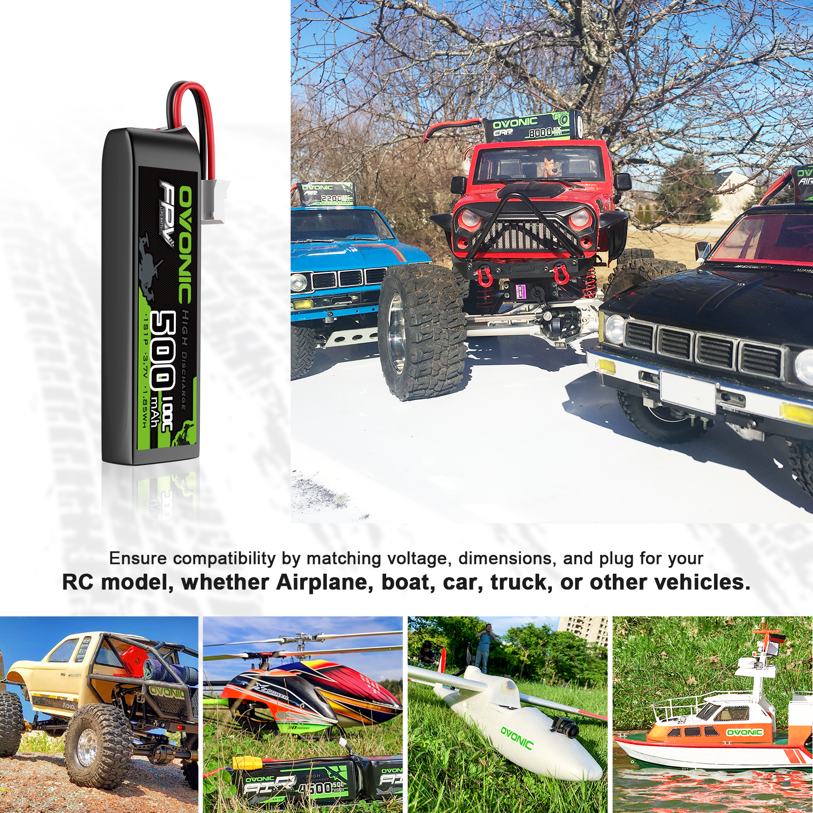 2 x OVONIC 3.7V 100C 500mAh 1S Lipo Battery Long Size with JST Plug