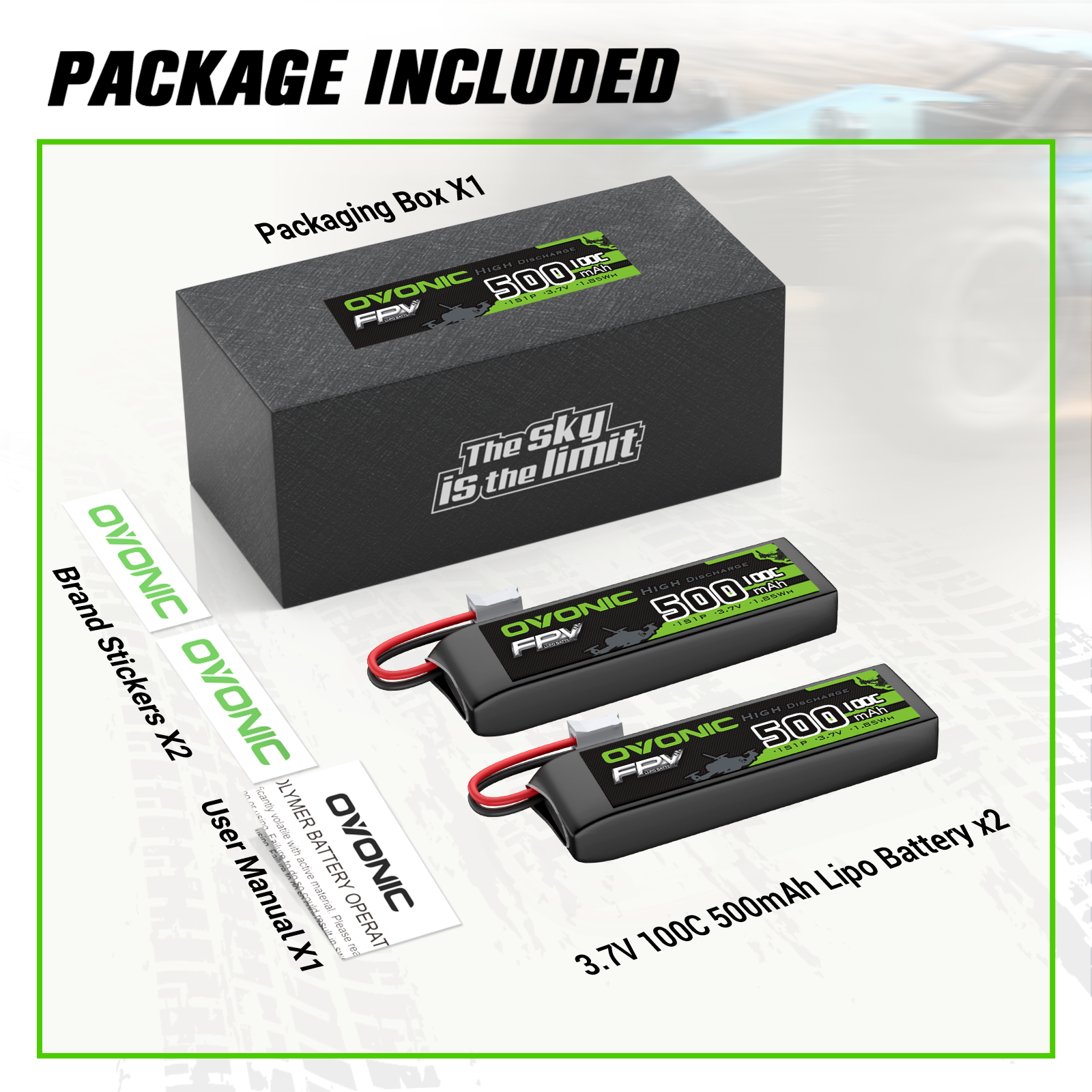 2 x OVONIC 3.7V 100C 500mAh 1S Lipo Battery Long Size with JST Plug