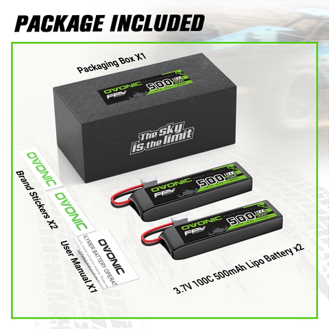 2 x OVONIC 3.7V 100C 500mAh 1S Lipo Battery Long Size with JST Plug