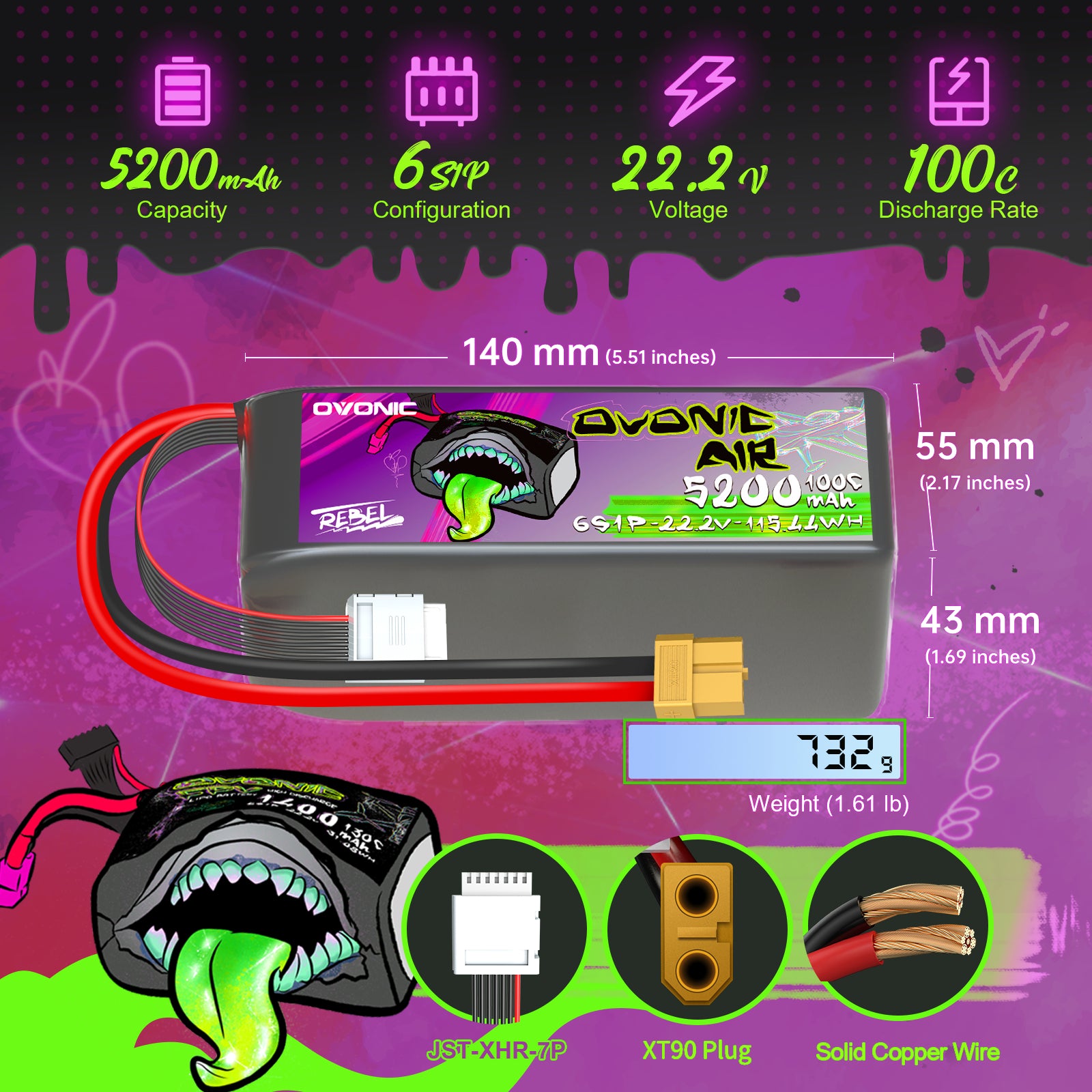 OVONIC Rebel 2.0 22.2V 5200mAh 6S 100C LiPo with XT90 & AS150 Plug for X-Class Cinelifter