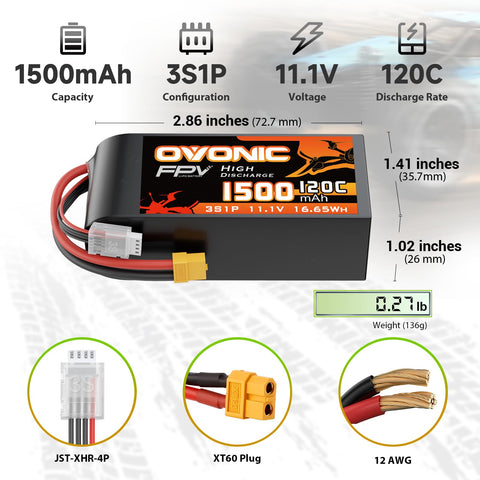 2 x OVONIC 11.1V 120C 1500mAh 3S Lipo Battery with XT60 Plug & Lipo Voltage Checker
