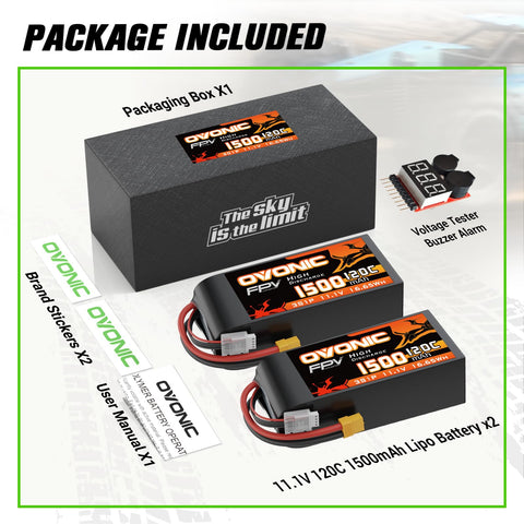 2 x OVONIC 11.1V 120C 1500mAh 3S Lipo Battery with XT60 Plug & Lipo Voltage Checker