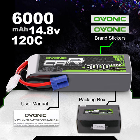 Lot de 2 batteries Lipo OVONIC 4S 120C 6000 mAh 14,8 V avec connecteur EC5 pour voiture, camion, avion, truggy
