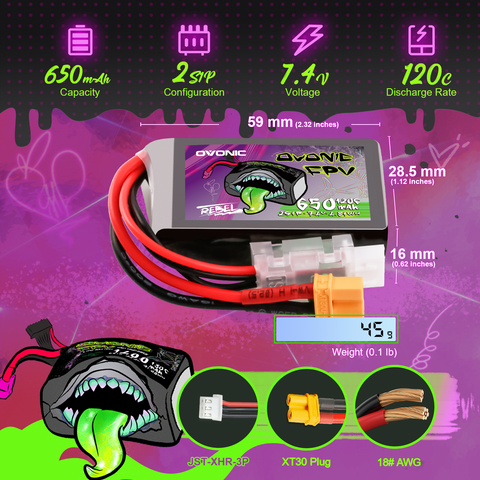 2×Ovonic Rebel 2.0 120C 2S 650mah Lipo Battery 7.4V Pack with XT30 Plug