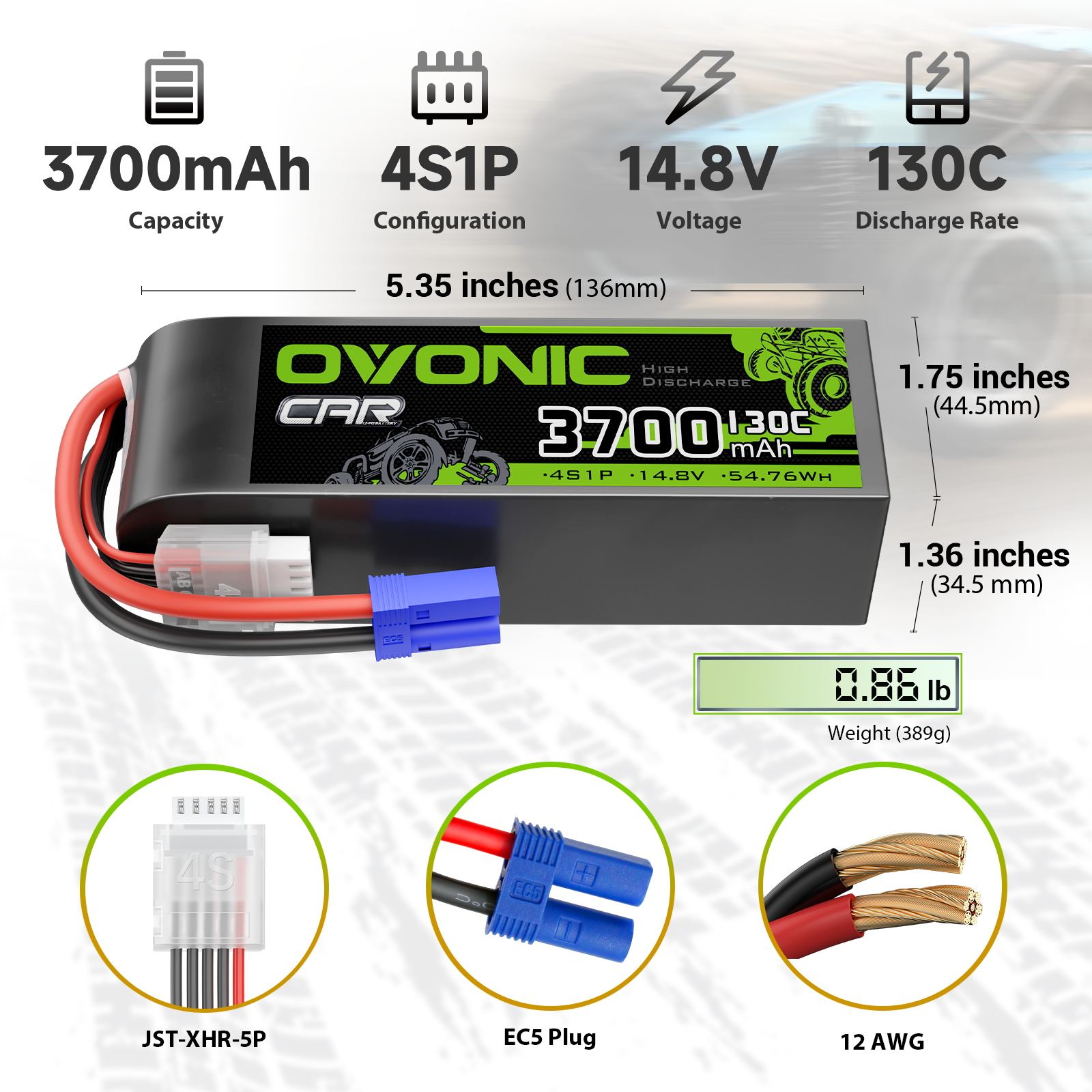 OVONIC 4S Lipo Battery 130C 3700mAh 14.8V RC Car Battery with EC5 Plug