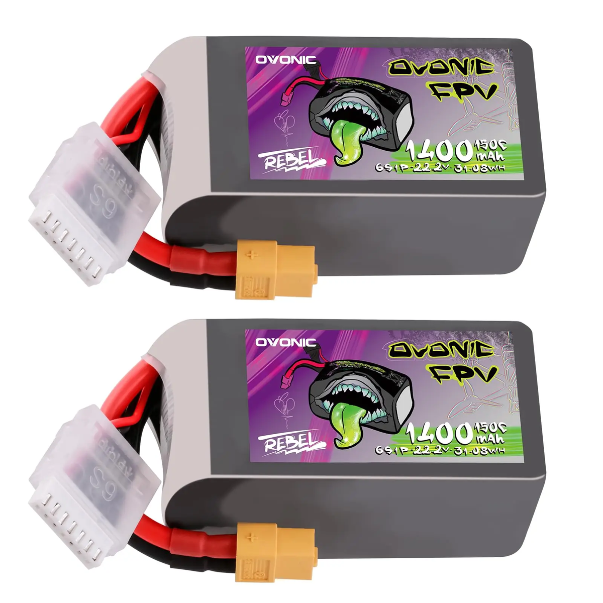 Ovonic Rebel 2.0 6S 1400mAh 150C LiPo Battery w/XT60 for 5-6 inch FPV Racing & Freestyle (2/4 Pack)