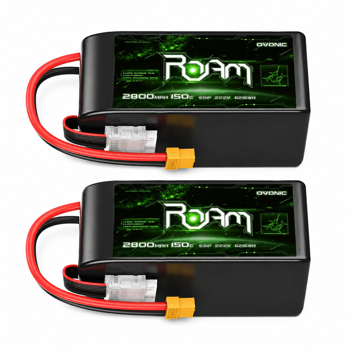 2-Pack OVONIC Roam Series 22.2V 2800mAh 150C 6S LiPo Battery Pack with XT60 Connector 