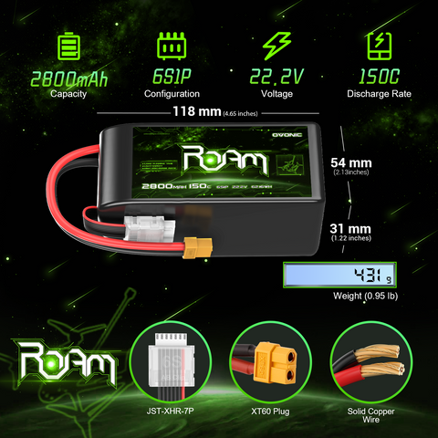 2-Pack OVONIC Roam Series 22.2V 2800mAh 150C 6S LiPo Battery Pack with XT60 Connector for 5–8 Inch Long-Range FPV Drones and HD Cinelifters