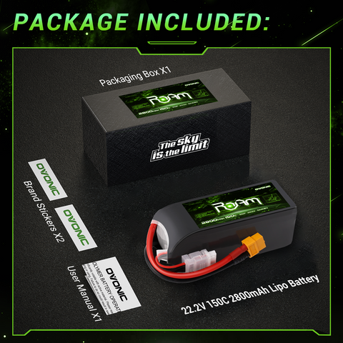 2-Pack OVONIC Roam Series 22.2V 2800mAh 150C 6S LiPo Battery Pack with XT60 Connector for 5–8 Inch Long-Range FPV Drones and HD Cinelifters
