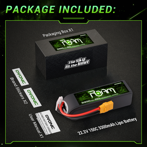 2-Pack OVONIC Roam Series 22.2V 3300mAh 150C 6S LiPo Battery Pack with XT90 Connector for 6–7 Inch Long-Range FPV Drones and Cinelifters