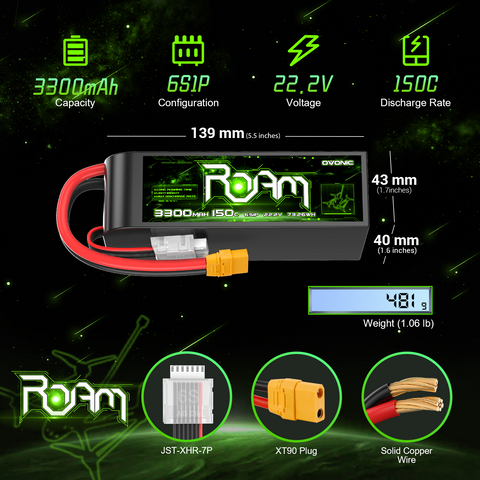 2-Pack OVONIC Roam Series 22.2V 3300mAh 150C 6S LiPo Battery Pack with XT90 Connector for 6–7 Inch Long-Range FPV Drones and Cinelifters
