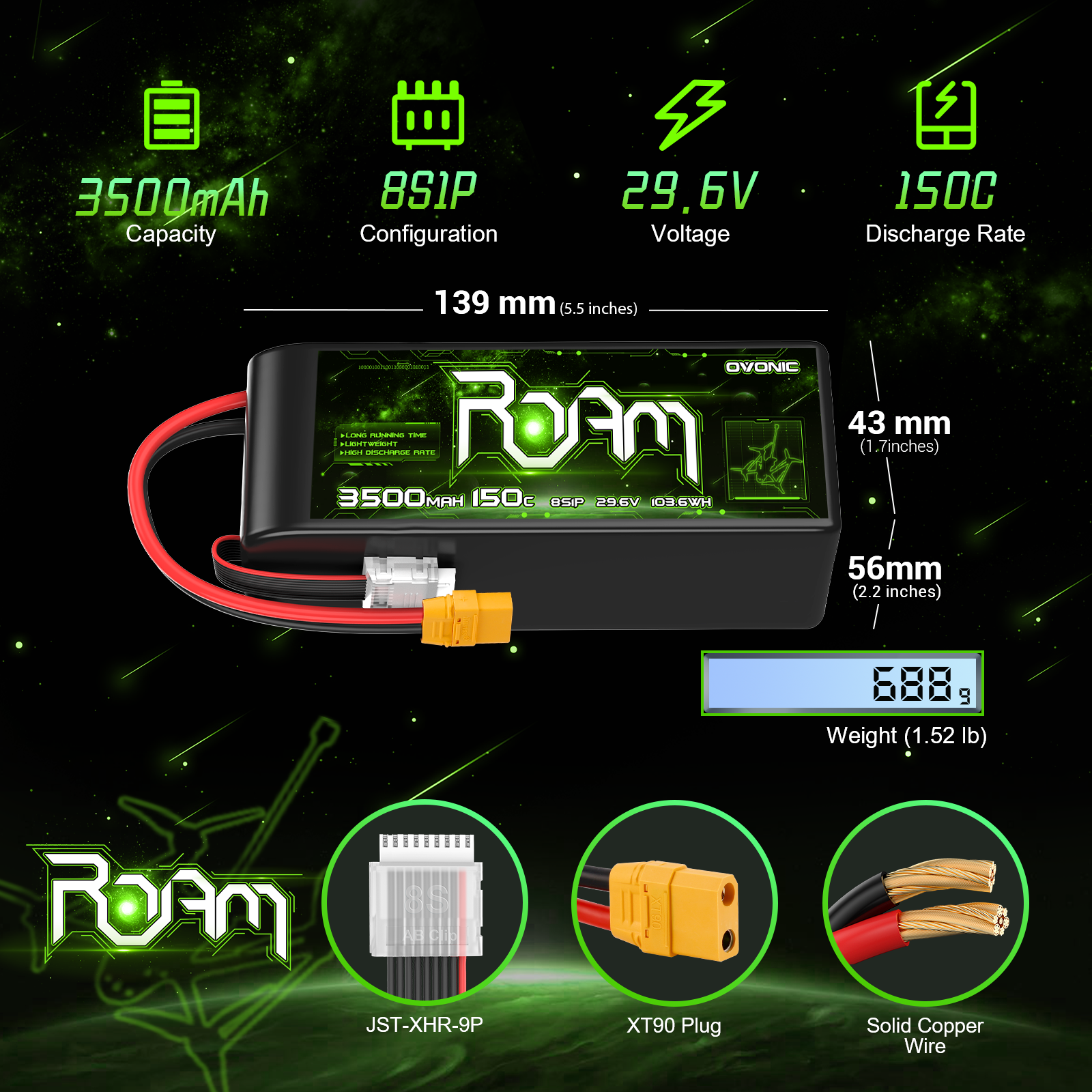 Ovonic Roam Series 8S Lipo Battery 3500mAh 8S1P 150C 29.6V with XT90 Plug for 8S Cinelifter Multirotor X-Class Airplane