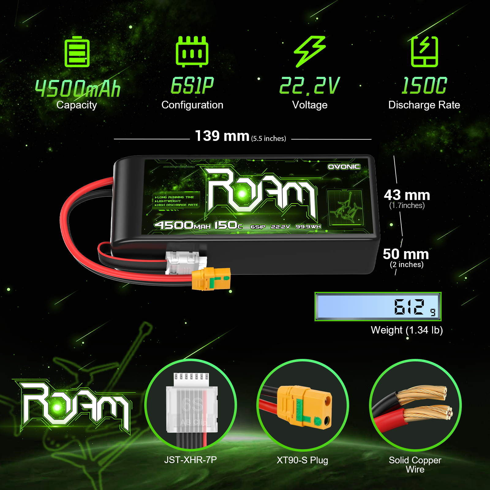 Ovonic Roam Series 6S Lipo Battery 4500mAh 6S1P 150C 22.2V Long Range Lipo Battery