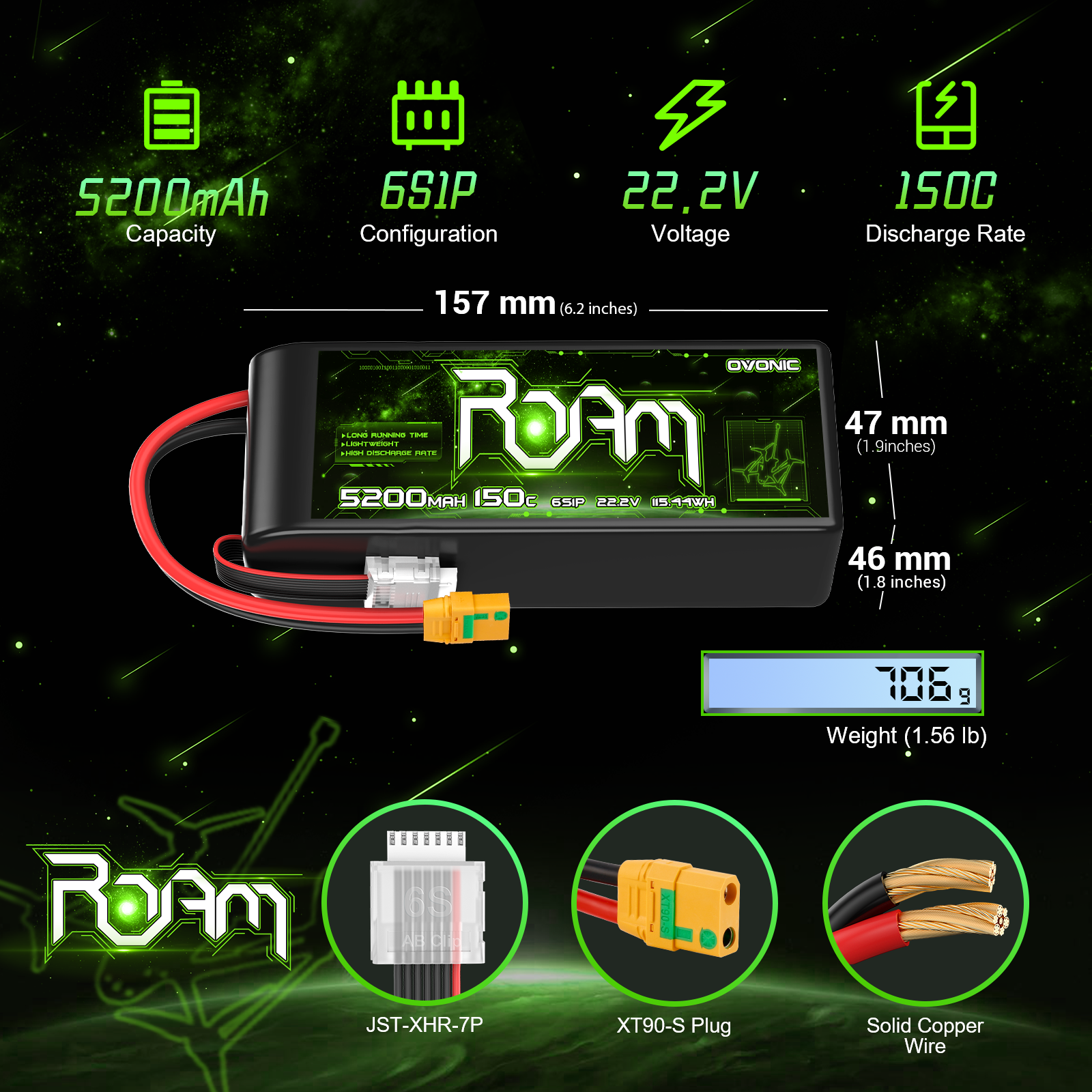 Ovonic Roam Series 6S Lipo Battery 5200mAh 6S1P 150C 22.2V Long Range Lipo Battery with XT90-S Anti Spark Plug