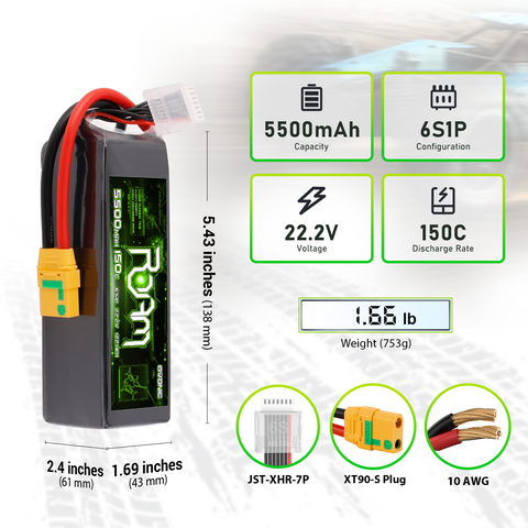 2-Pack OVONIC Roam Series 22.2V 5500mAh 150C 6S LiPo Battery Pack with XT90-S Anti-Spark Connector for 7–10 Inch Long-Range FPV Drones and X8 Cinelifters