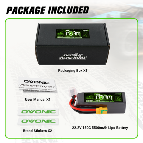 2-Pack OVONIC Roam Series 22.2V 5500mAh 150C 6S LiPo Battery Pack with XT90-S Anti-Spark Connector for 7–10 Inch Long-Range FPV Drones and X8 Cinelifters
