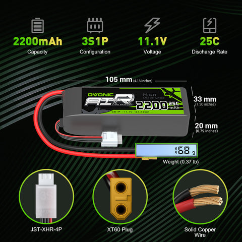 4×Ovonic 2200mAh 25C 3S1P 11.1V Lipo Battery with XT60 for RC Car & Trunk RC aircraft & Helicopters Freewing Dynam 1100mm-1500mm Plane