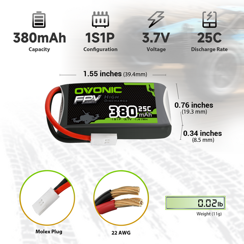 6 x OVONIC 3.7V 25C 380mAh 1S Lipo Battery with Molex Plug for Small-scale FPV Drones Micro Drones Freestyle and Racing