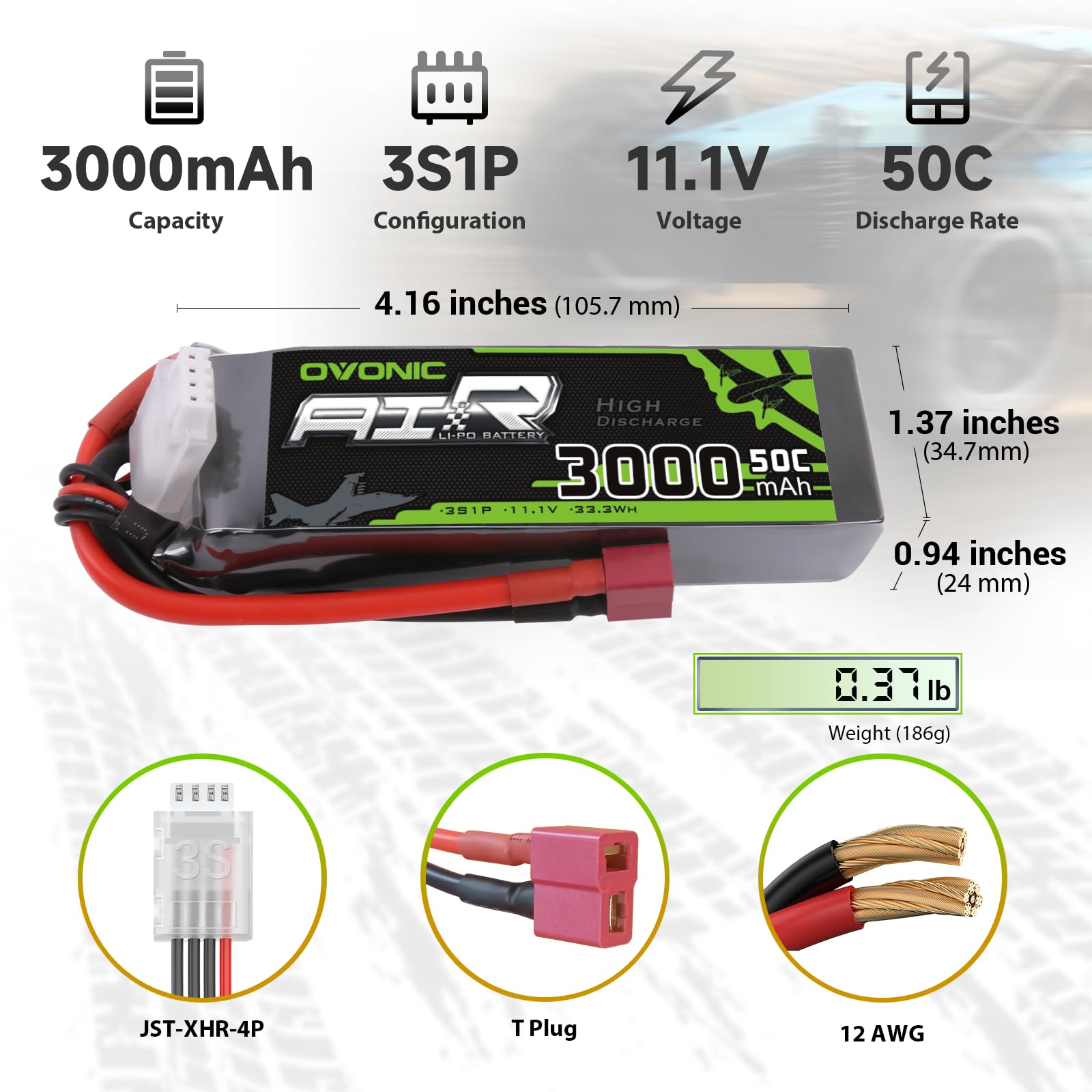 2 x OVONIC 3S Lipo Battery 50C 3000mAh 11.1V with Dean Connector & Lipo Voltage Checker