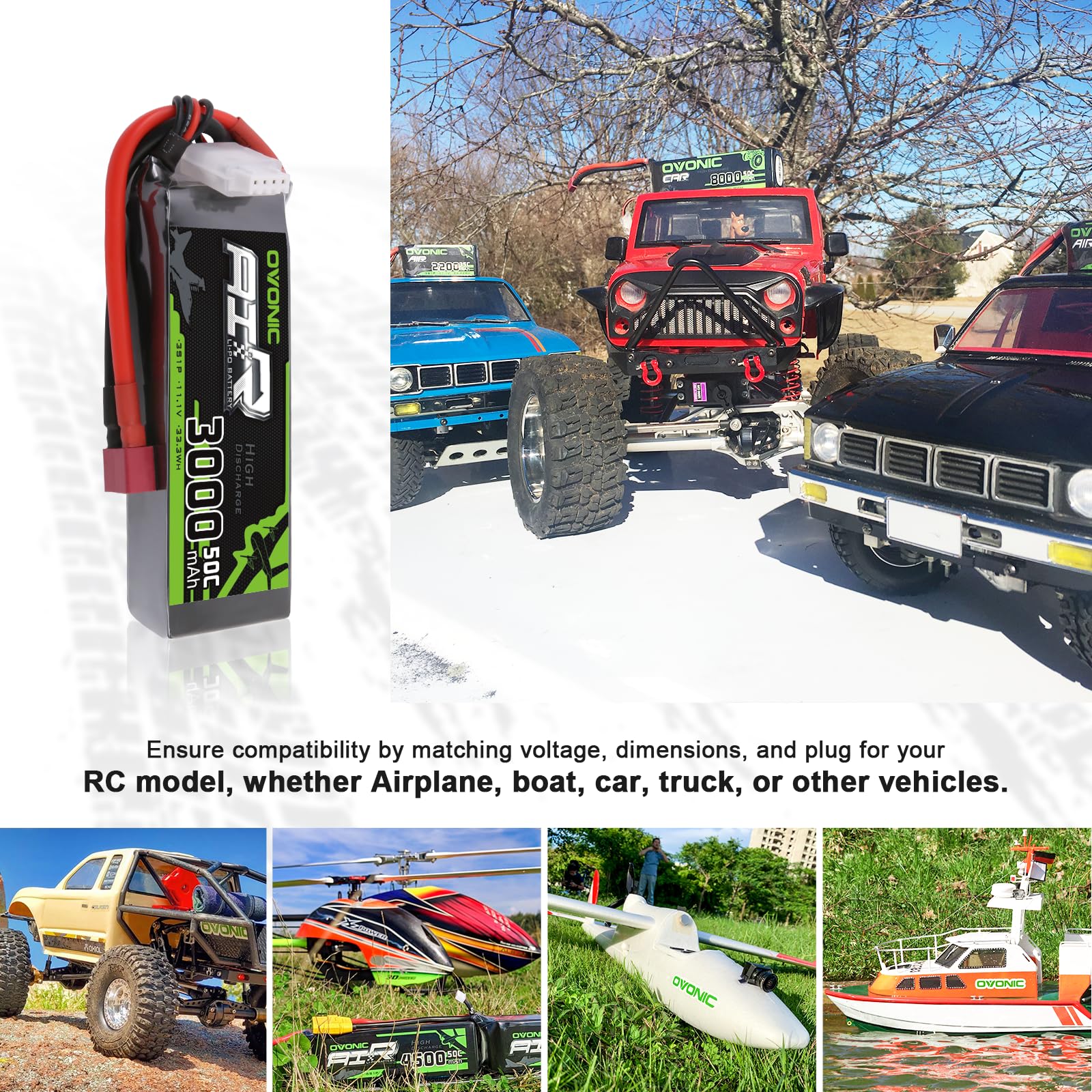2 x OVONIC 3S Lipo Battery 50C 3000mAh 11.1V with Dean Connector & Lipo Voltage Checker