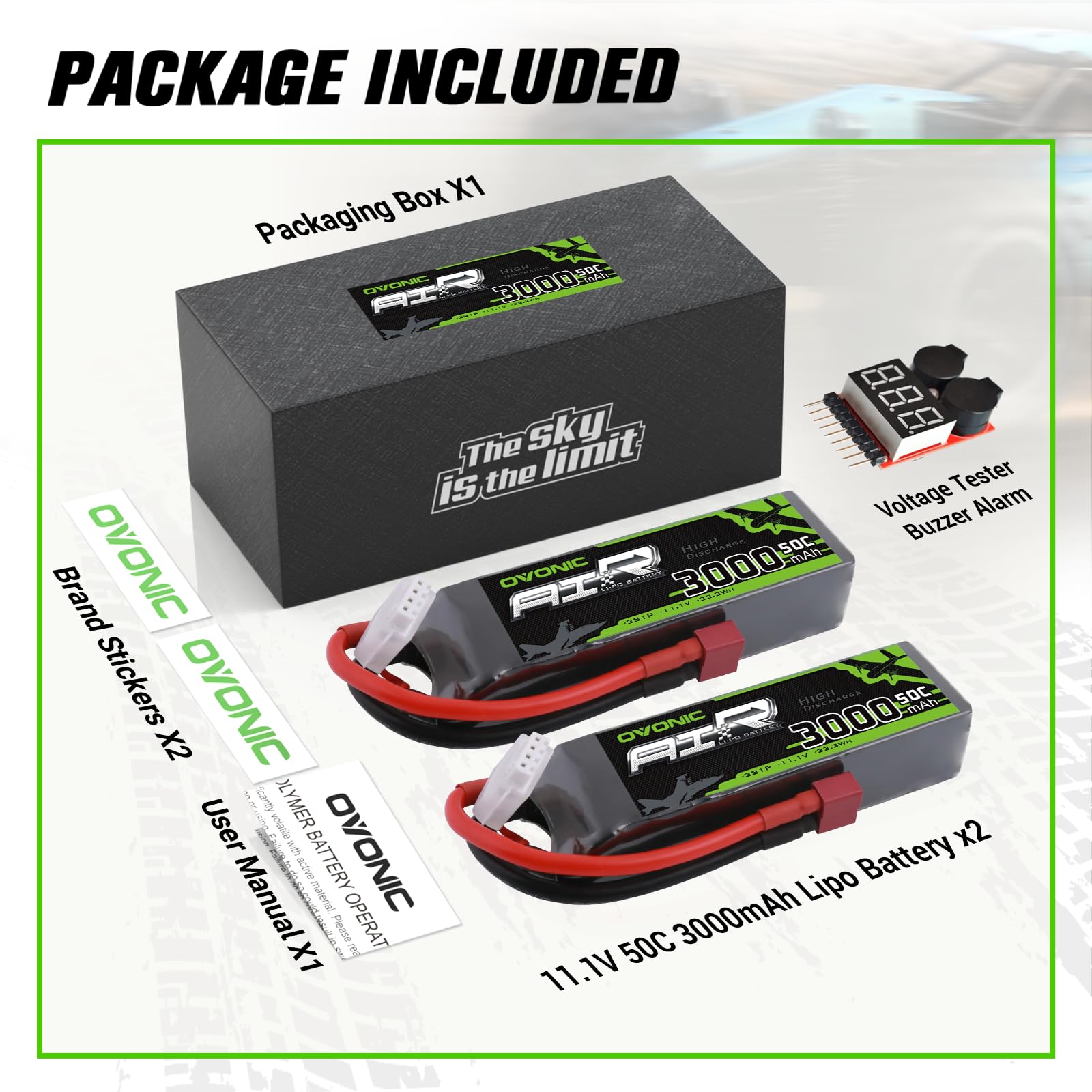 2 x OVONIC 3S Lipo Battery 50C 3000mAh 11.1V with Dean Connector & Lipo Voltage Checker