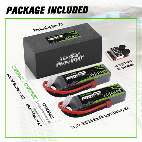 2 x OVONIC 3S Lipo Battery 50C 3000mAh 11.1V with Dean Connector & Lipo Voltage Checker
