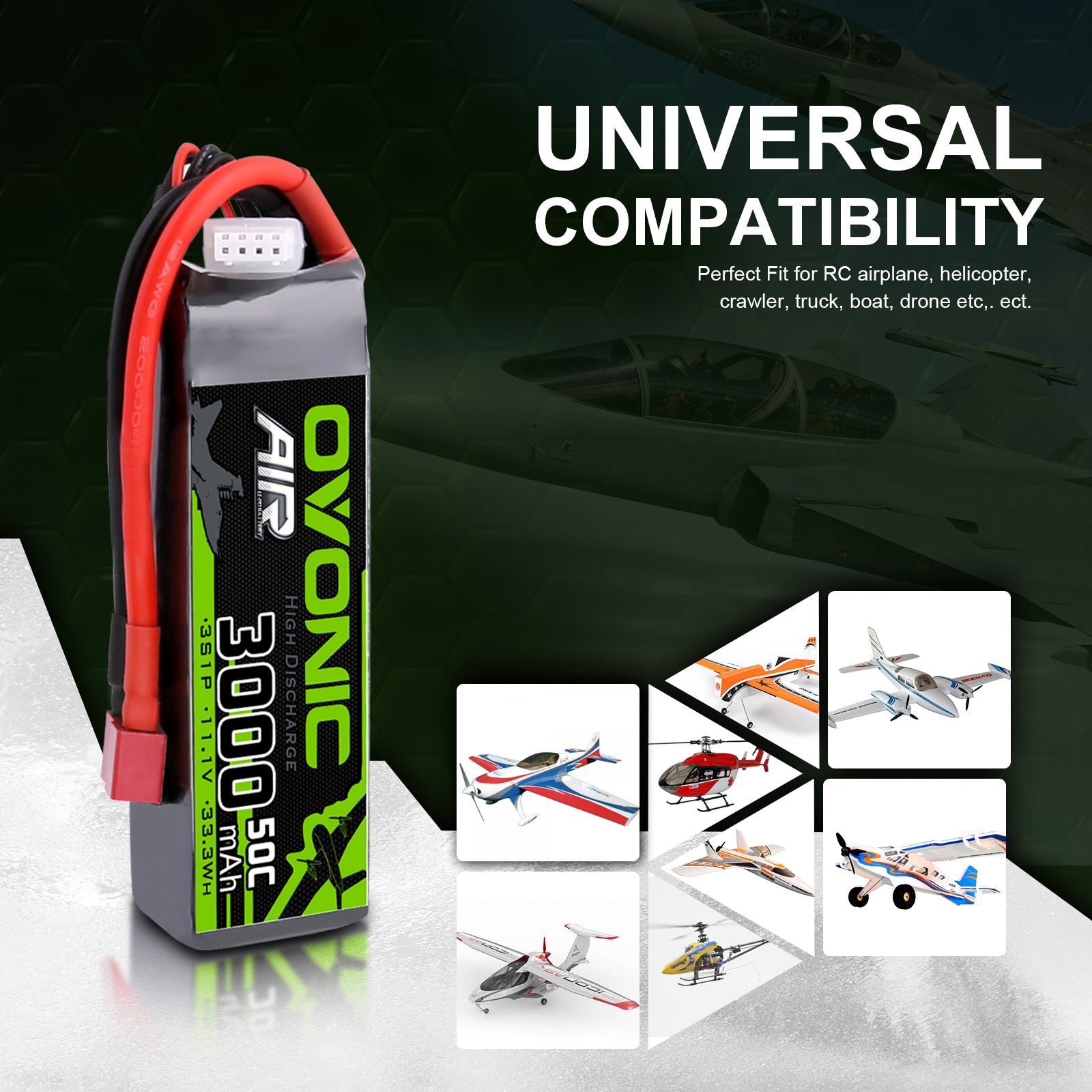 2×Ovonic 3000mAh 3S 50C Lipo Battery 11.1V Long with T Plug for RC Aircraft